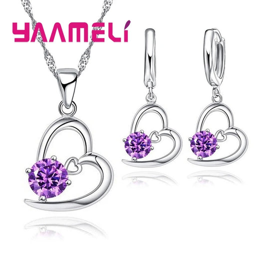 Hot Sale 925 Sterling Silver Bridal Wedding Jewelry Set for Women Heart CZ Crystal  Engagement Necklaces Earrings Accessory